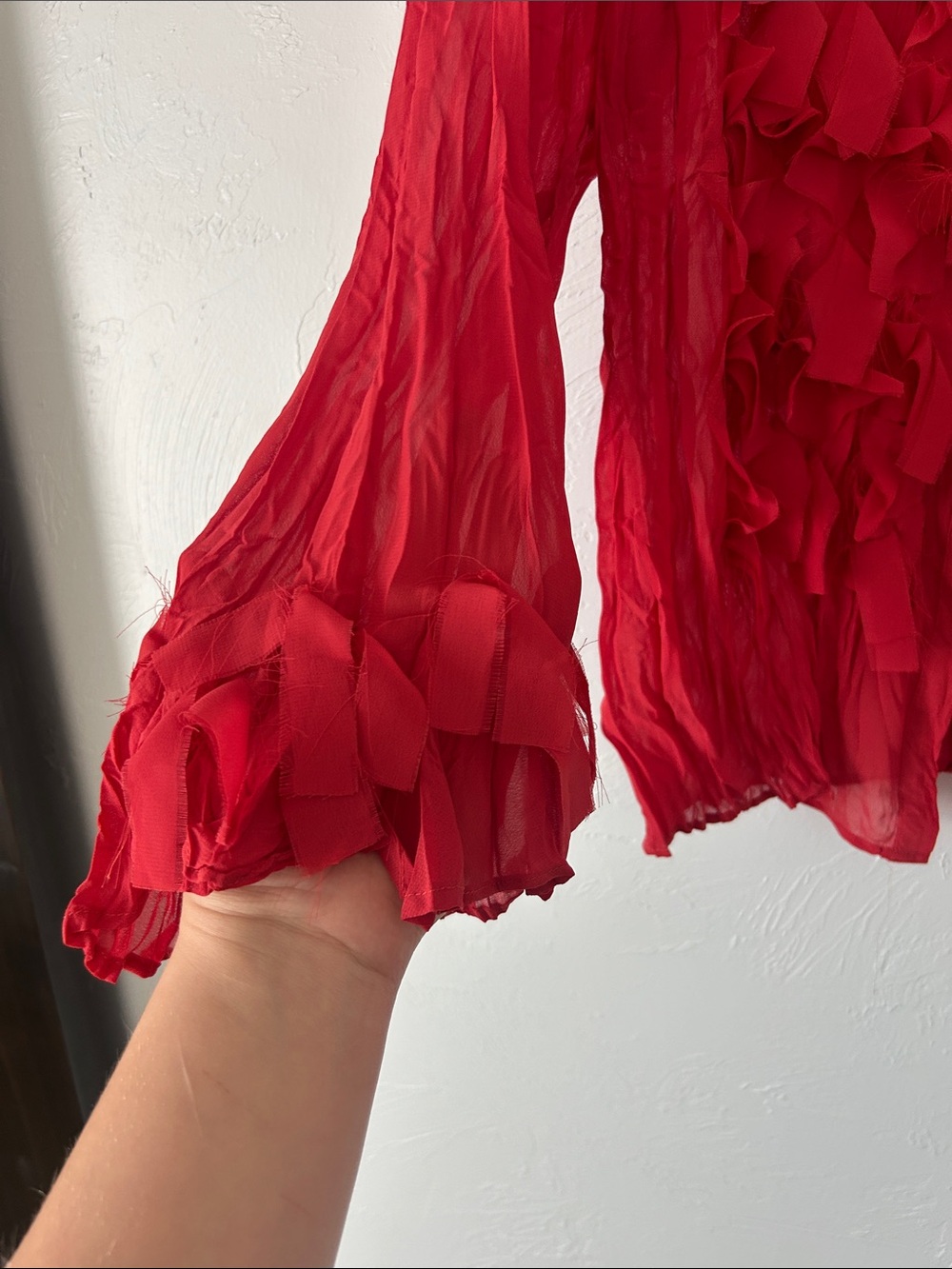 Unique Spectrum Red Ruffle Button-Front Blouse - Picture 6 of 7